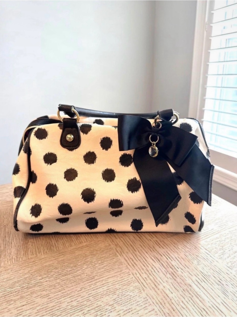 Betsey Johnson Polka Dot Bow Accent Women's Satchel - Black & Cream